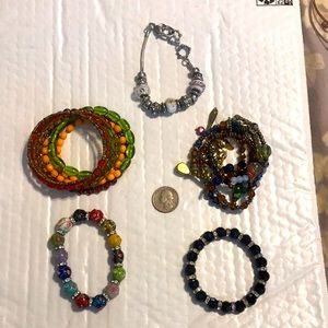 5 beaded bracelets, elastic/wire
